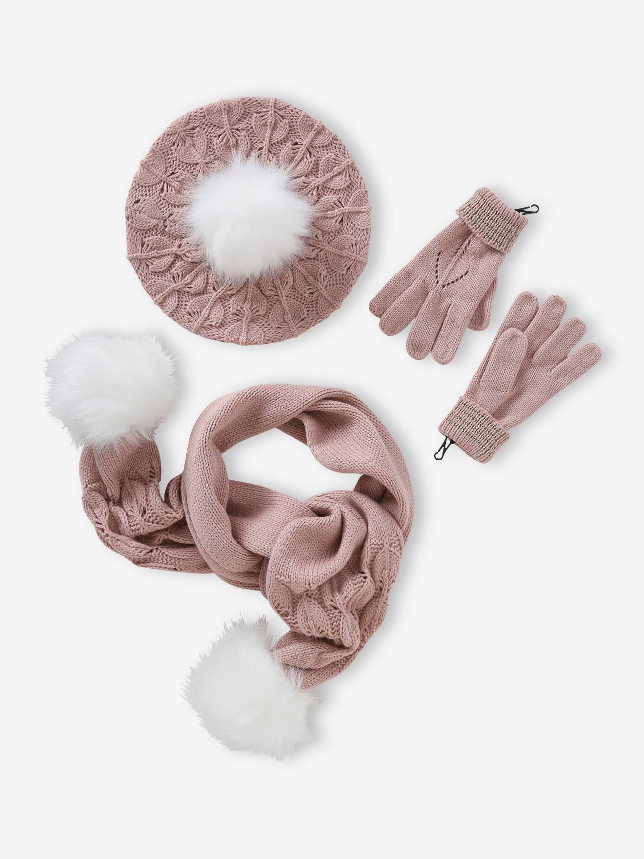 Look feminino: boina + cachecol + luvas ou mitenes de tricô vazado com forro rosa fantasia na cor da maquiagem