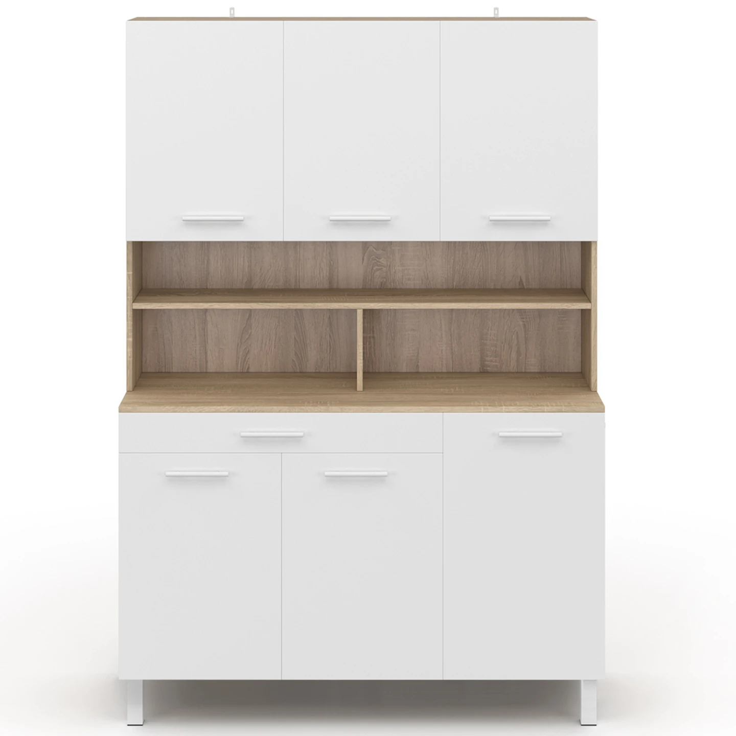 Buffet de cuisine 120 CM CINA 6 portes + tiroir façon hêtre et blanc