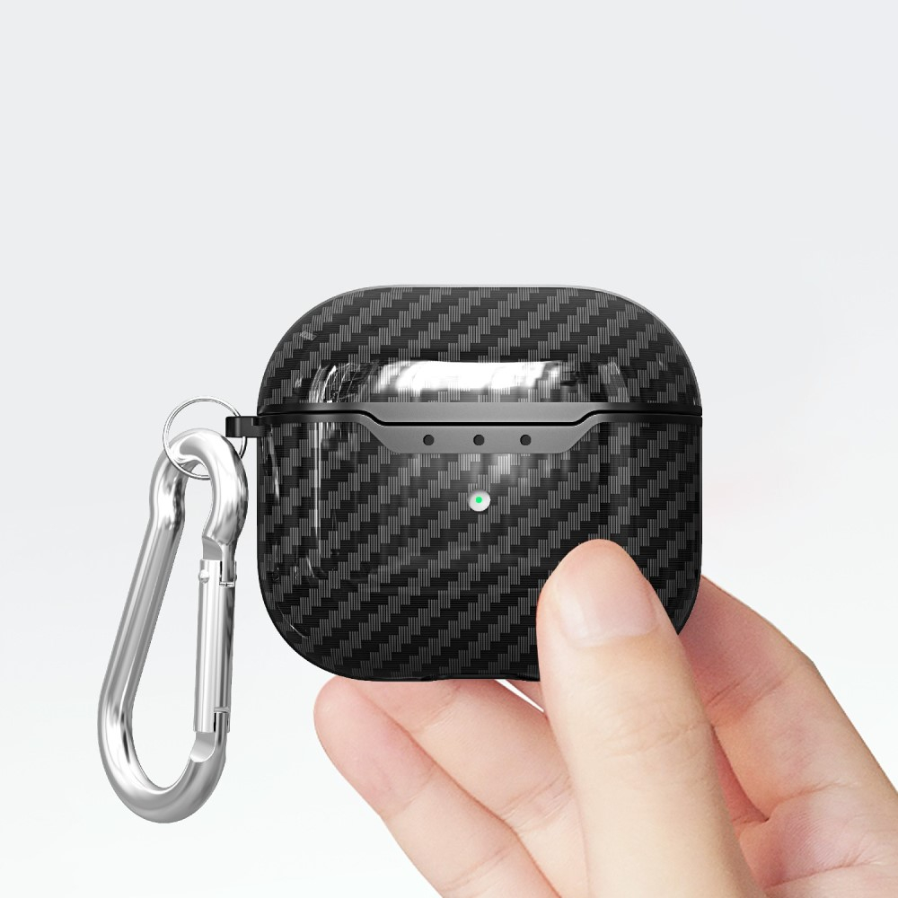 AirPods (3. Generation) Gummi Schutzhülle Abdeckung mit Karabinerhaken Carbon Look - Schwarz