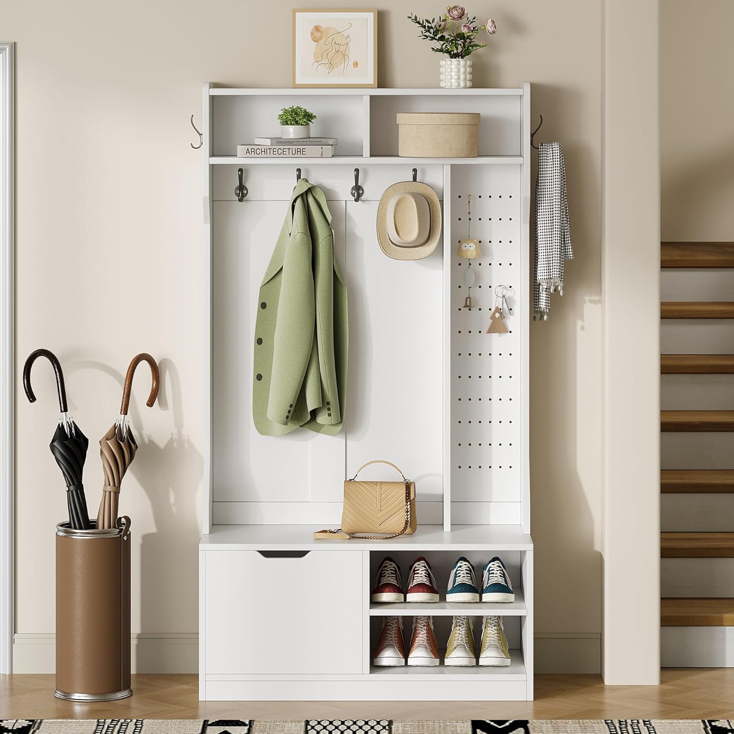 Merax Flurgarderobe Garderobenschrank Flur, Garderobe mit Sitzbank, 6 Haken, 1 Türen & 4 Offener Lagerraum, 100×185.5×40 cm, Weiß