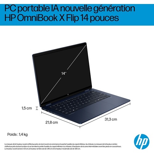 PC portable Hp OmniBook X Flip 2-en-1 Next Gen 14-fm0013nf Copilot+ PC Intel Core AI Ultra 7 32 Go RAM 1 To SSD Bleu atmosphérique
