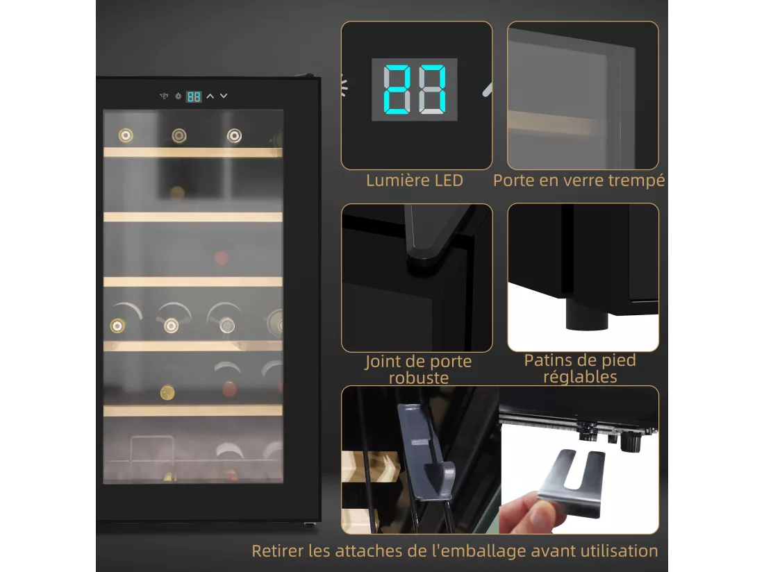Cave à vin thermoélectrique 24 bouteilles panneau tactile écran LCD éclairage intérieur LED température réglable 5-20°C noir