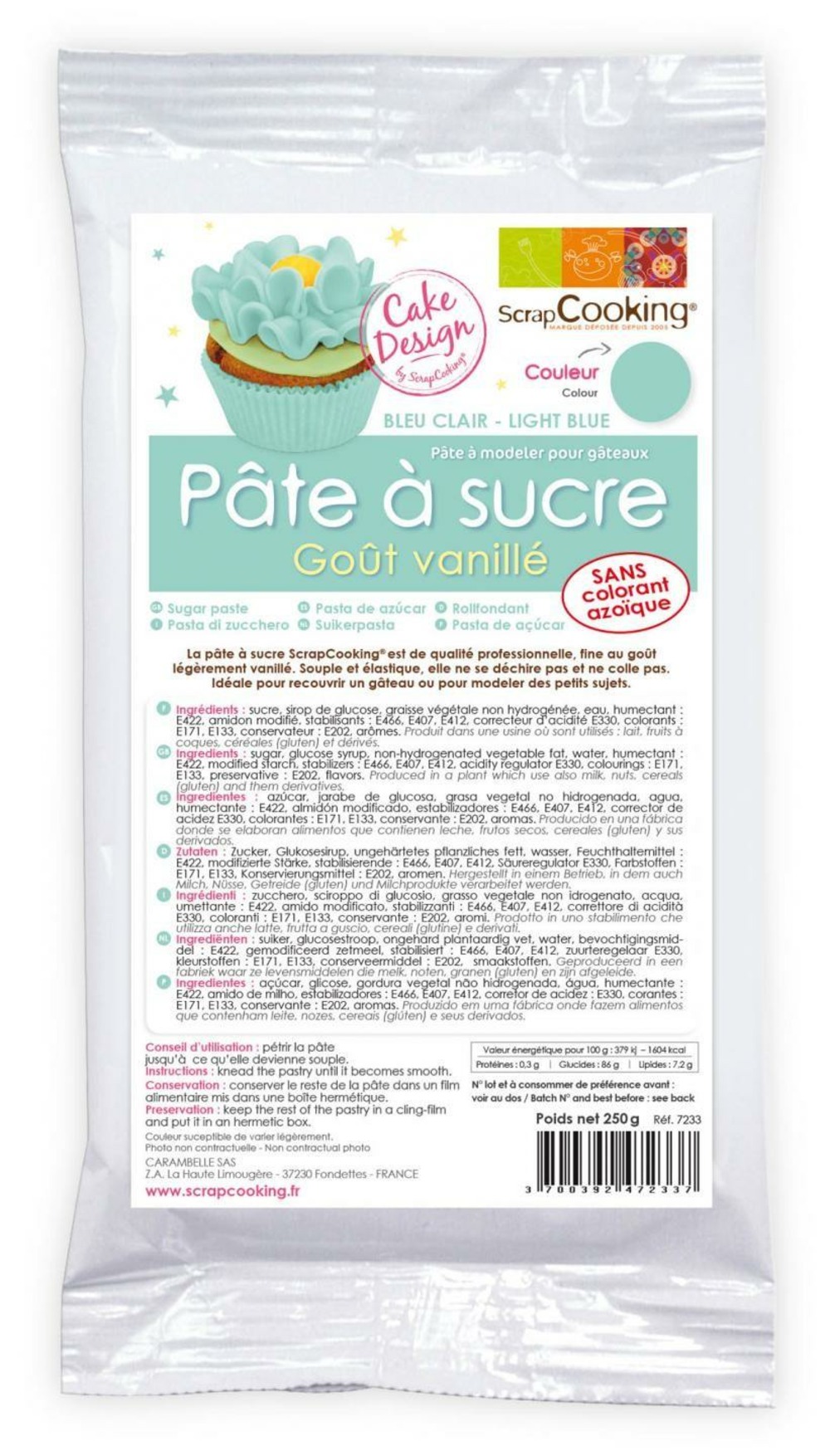 Pâte à sucre bleu clair arôme vanille 250 g