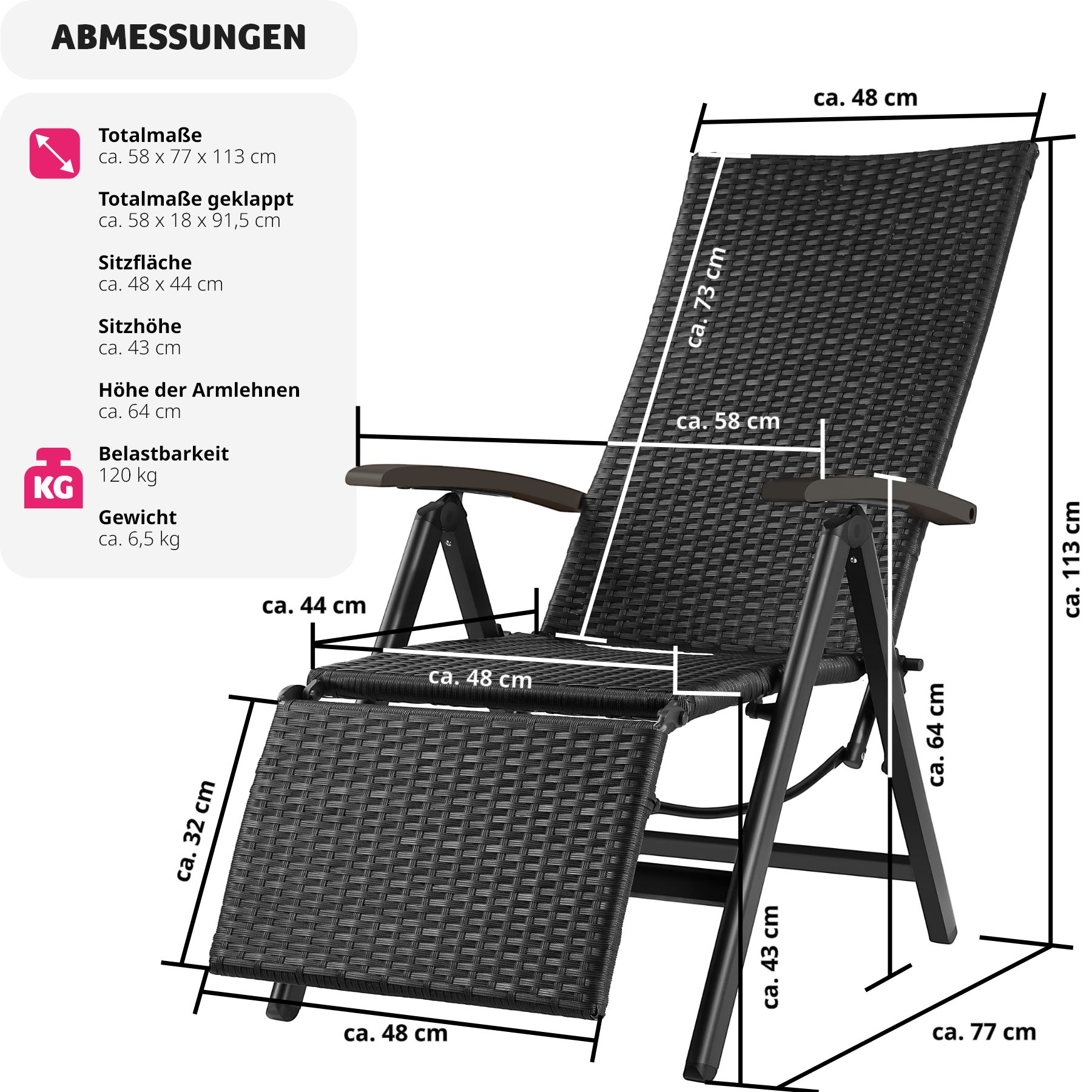 tectake® Rattanstuhl, mit Aluminiumgestell, wetterfest und UV-beständig, 58 x 77 x 113 cm