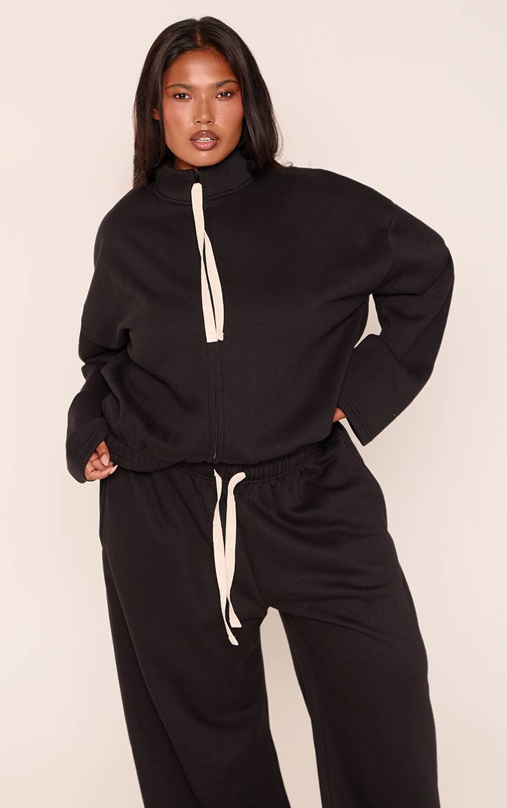 Noir Sweat-shirt Grande Taille Col Montant Avec Cordon De Serrage Contrasté