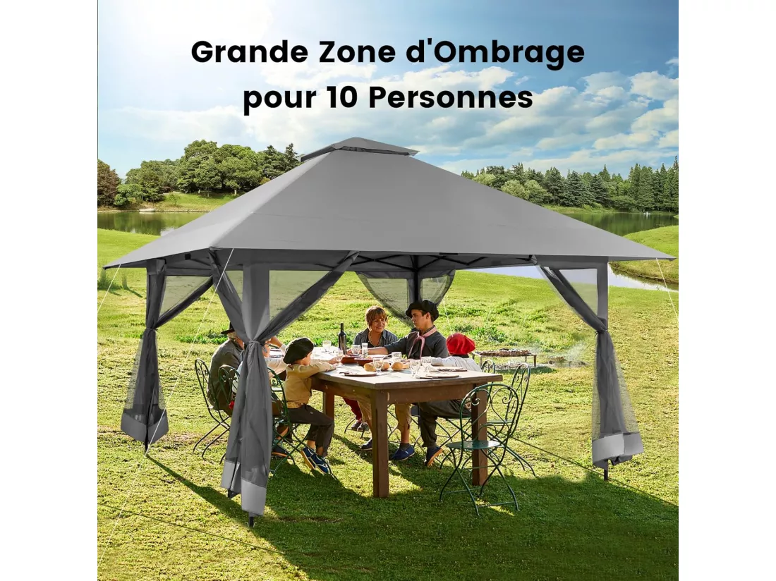 Tonnelle de Jardin Pliante 4 x 4M Pop-up avec Parois Latérales en Maille à Fermeture Éclair, Tente Réception Double Toit Hauteur Réglable Sac de Transport Anti UV,Gris