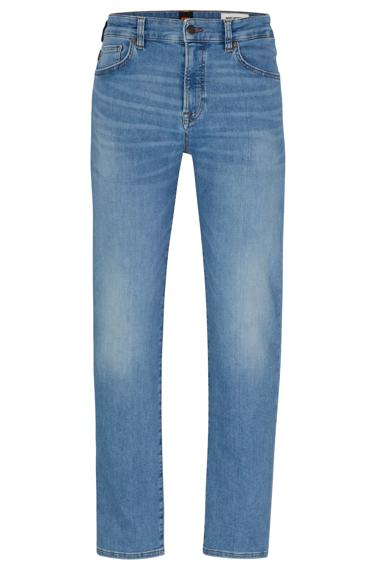 Calça jeans BOSS laranja, corte regular, em denim super elástico azul.