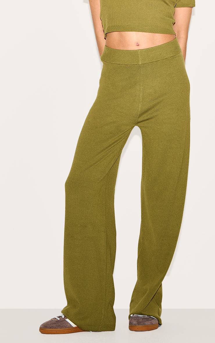 Vert Olive Pantalon Large En Maille Basique