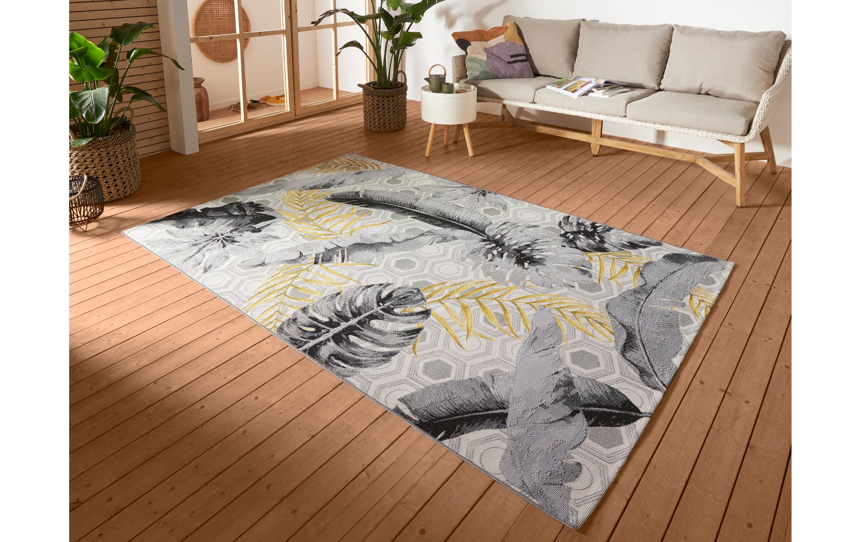 Teppich Gold Leaves 80 cm x 165 cm, MehrfarbigIn- & Outdoor Teppich, Flachegwebeteppich im Tropischen Palmen Design, Wetterfest & Wasserfester Aussenteppich für Terrasse, Balkon, Garten Wohnzimmer