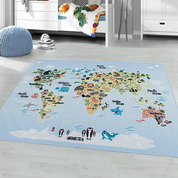 Kindervloerkleed - Pleun Wereldkaart Blauw | Ga op wereldreis