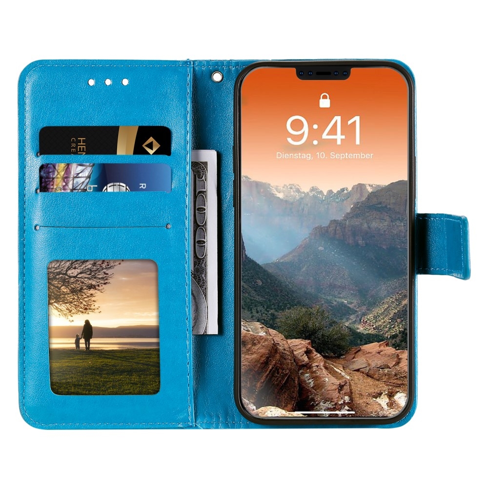 iPhone 12 / iPhone 12 Pro Leder Tasche Wallet - Mandala Flowers Imprint - Blau