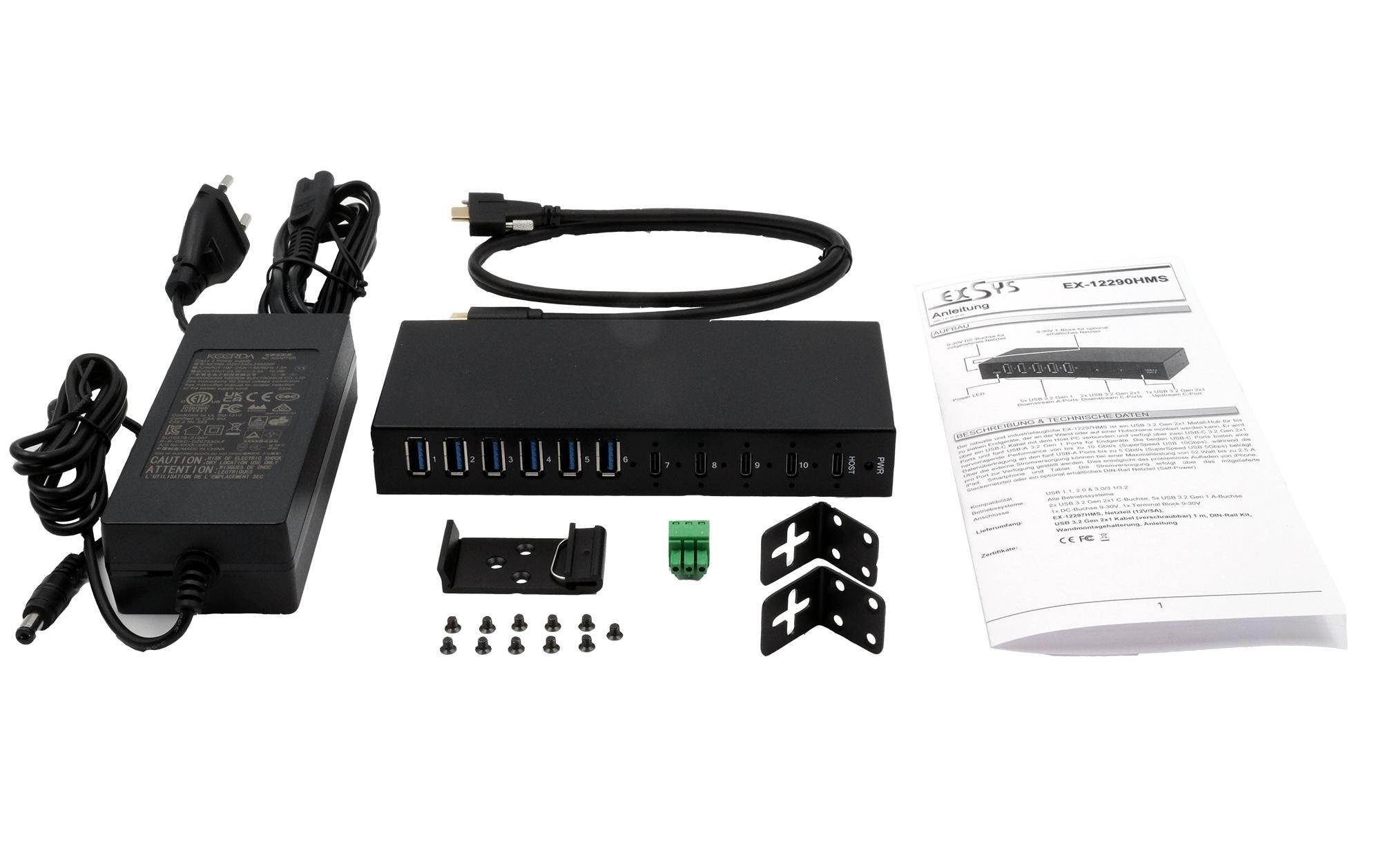 USB-Hub EX-12290HMS<br>10 Port USB 3.2 Gen Metall HUB mit 4x USB-C und 6x USB-A für Tisch, Wand und DIN-Rail Montage