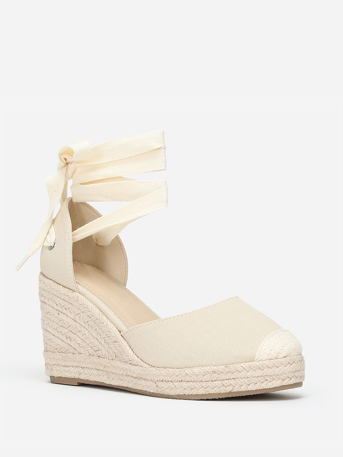 Espadrilles compensées avec ruban à nouer- Beige