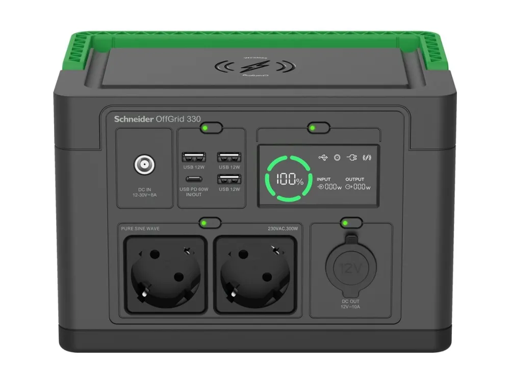 Schneider OffGrid 330 - Transportabel strømstation - LCD, lithium-ion, 2 CEE 7/3 schuko stik, sinuskurve, 3 USB-A, 1 USB-C, trådløs oplader - AC 230 V - 330 Watt - Litiumion - 332 Wh - output-stikforbindelser: 2 - sort, grøn