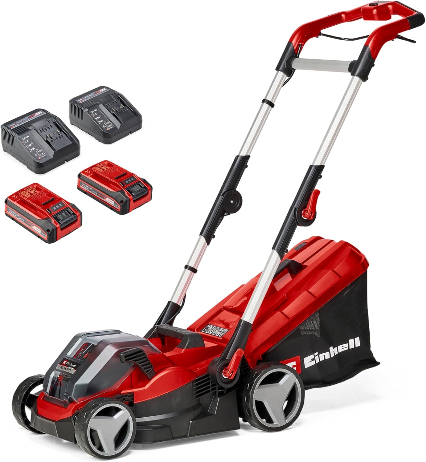 Einhell Akku-Rasenmäher RASARRO 36/34 Kit Power X-Change (36 V, 34 cm Schnittbreite, bis 300 m², 30L Fangkorb, 25-65 mm Schnitthöhe, inkl. 2X 3,0 Ah Akku + 2X Ladegerät)