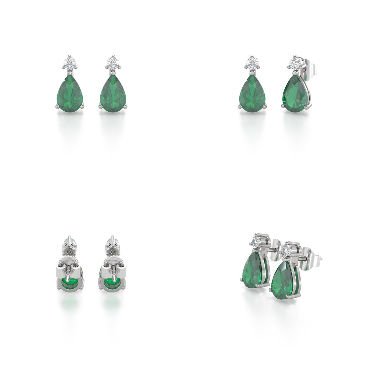 Boucles d'oreilles ADEN Or 585 Blanc Emeraude forme Poire et Diamants 1.15grs