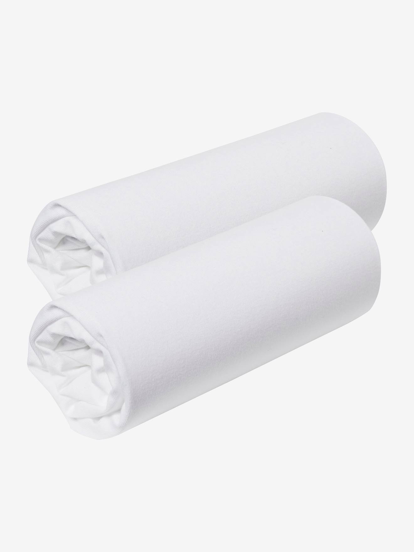 Conjunto de 2 lençóis de berço em malha elástica, lisos e brancos.