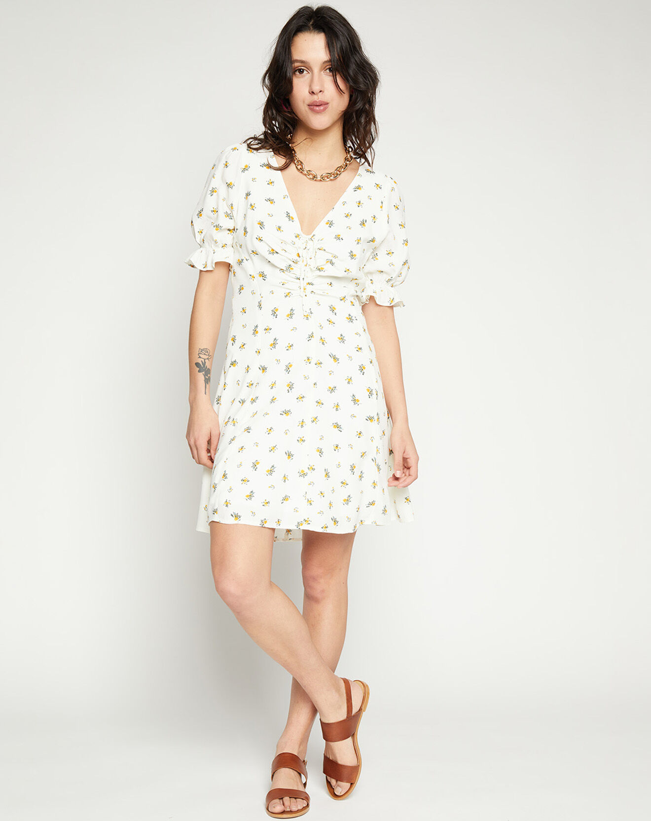 Faithfull the Brand Robe mini Palma imprimée fleurs écrue
