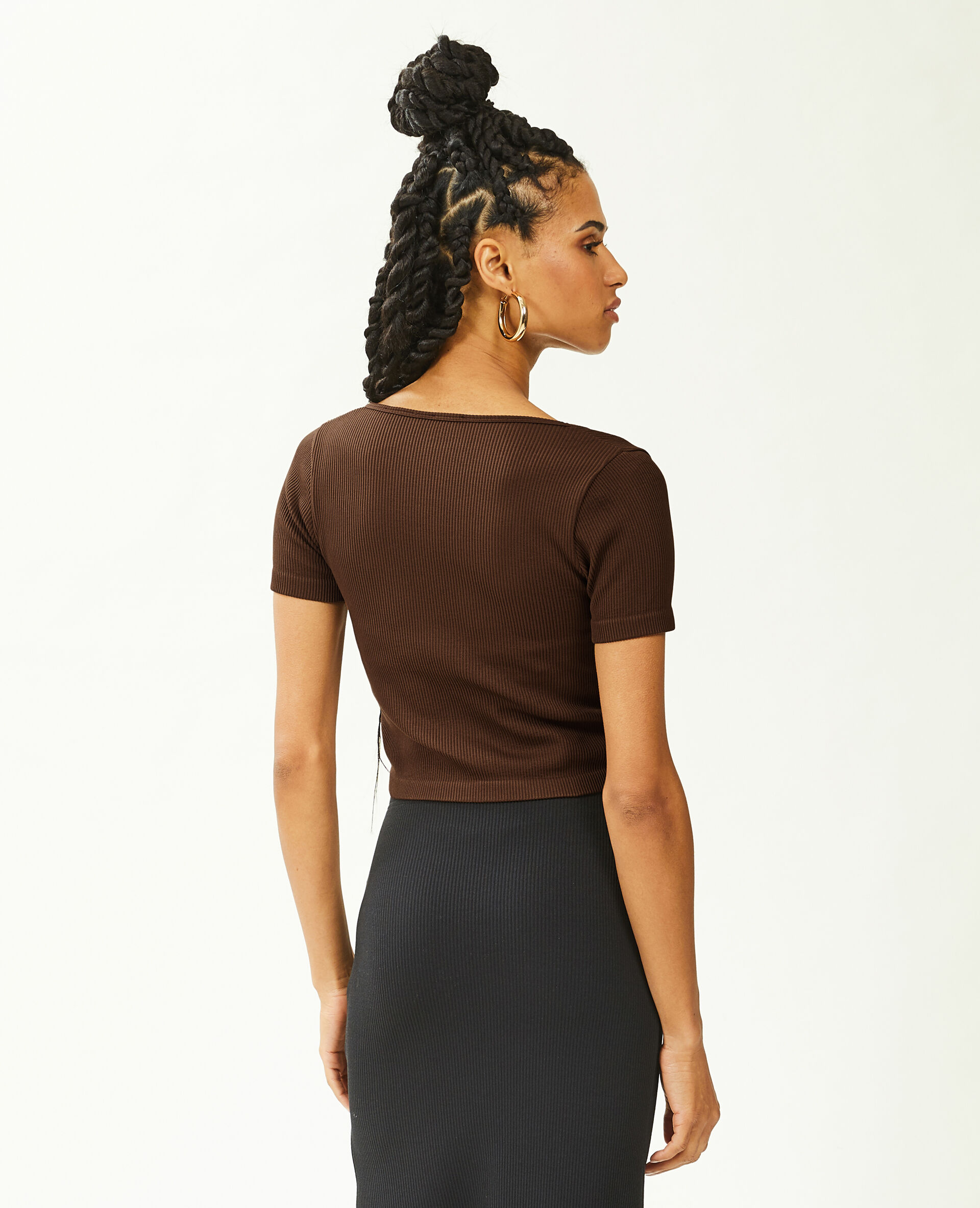 T-shirt cropped col V - Marron