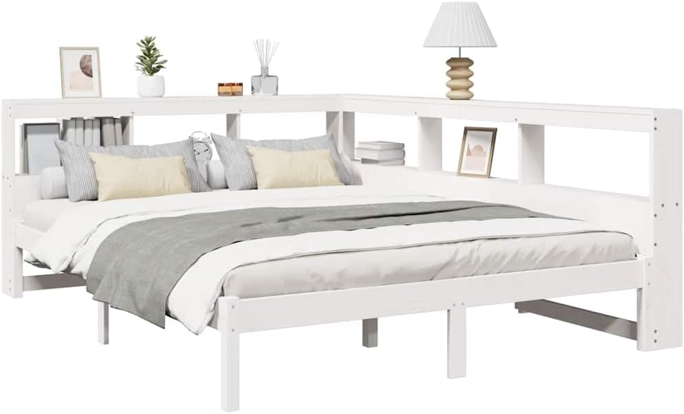 vidaXL Massivholzbett mit Regal ohne Matratze Weiß 150x200 cm Kiefer, Holzbett mit Regal, Massivholzbett mit Regal, Bett, Holzbett mit Bücherregal