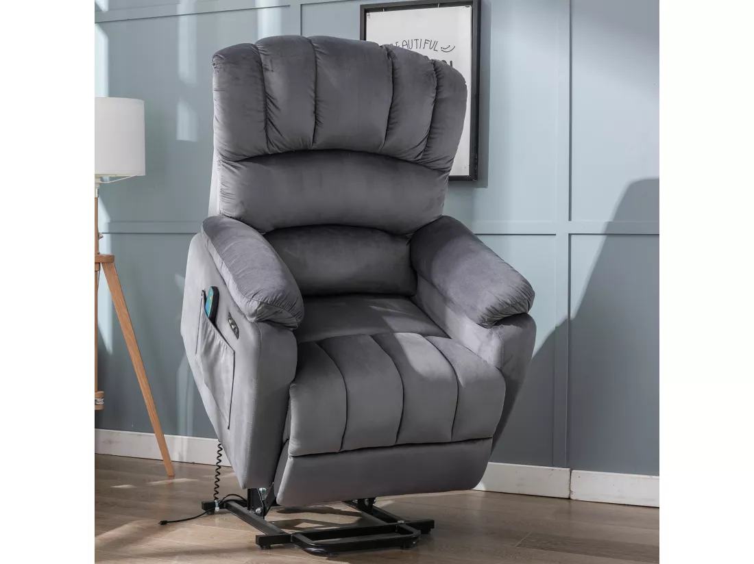 Fauteuil de relaxation électrique avecc fonction massage, fauteuil inclinable 160°, rembourré en tissu gris