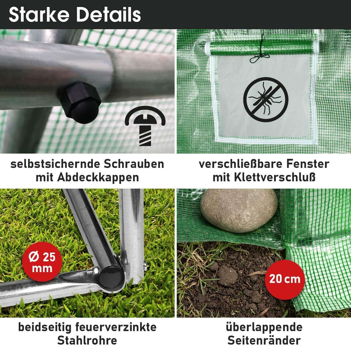 BRAST Gewächshaus Foliengewächshaus mit Stahlfundament | 2x3m - 3x8m | inkl. Erdanker Unkrautvlies & 16 Aufrollbare Fenster mit Moskitonetz | UV-stabilisierte Gitterschutzfolie 200g/m² | 300x800cm