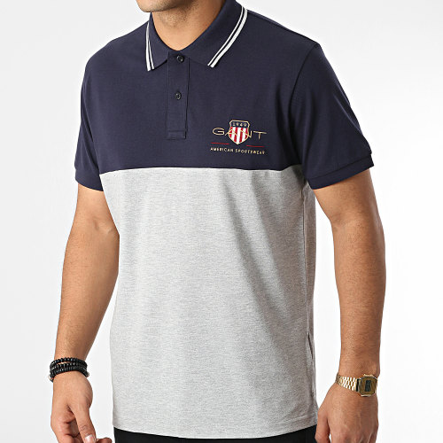 Polo Manches Courtes Archive Shield Block Gris Chiné Bleu Marine