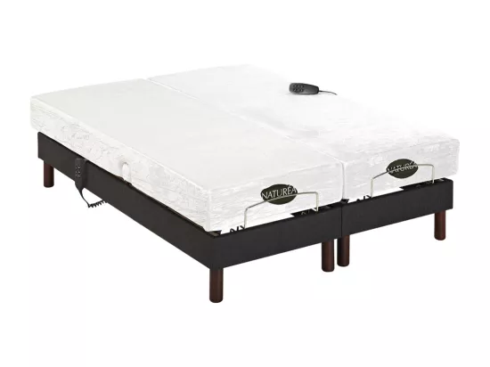 Lit électrique de relaxation déco lattes et plots + matelas mémoire de forme - 2 x 80 x 200 cm - Tissu - Anthracite - THESEE de NATUREA