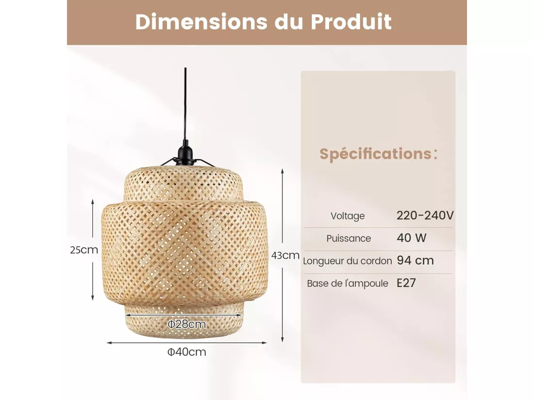 Suspension en Bambou Armature Ø 40 x H 43 cm