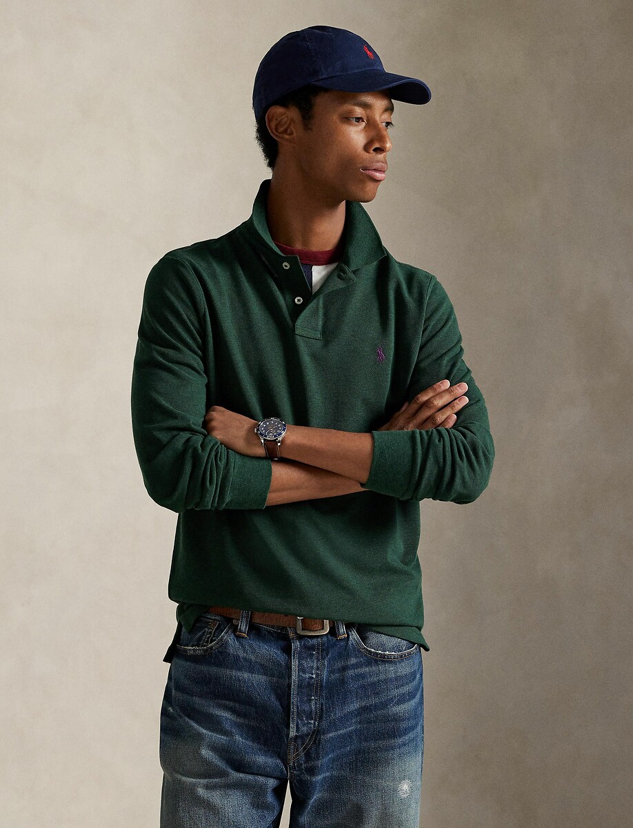 POLO RALPH LAUREN<br>Polo de manga comprida com corte justo em piqué