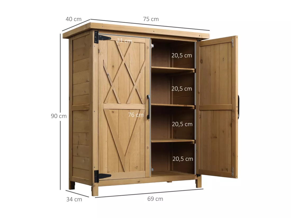 Abri de jardin armoire de jardin remise pour outils sur pied dim. 75L x 40l x 90H cm 3 étagères 2 portes toit tôle bois sapin pré-huilé