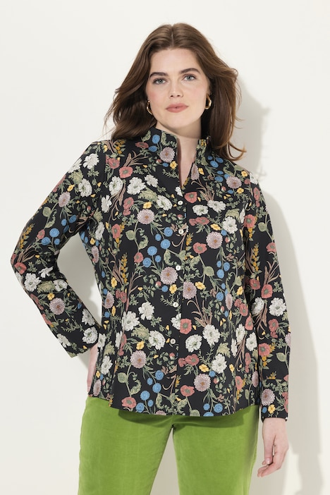 Bluse, Blüten, Kelchkragen, V-Ausschnitt, Langarm