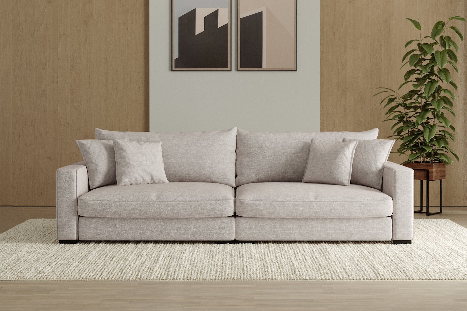 Rossi 4-seter sofa Tekstil Beatto 1027 Lys Grå, arm B med sorte ben. Std. Komfort.