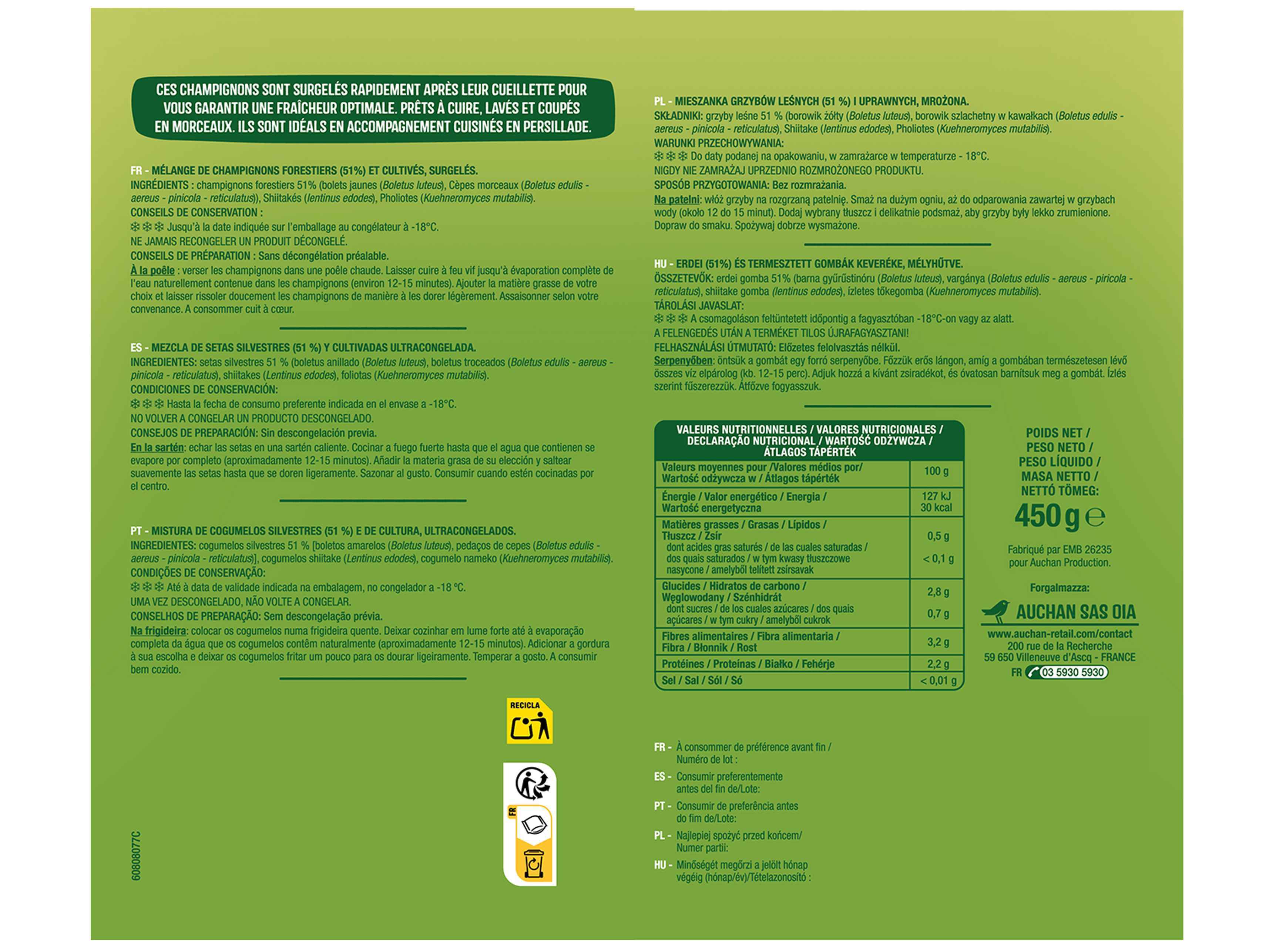MISTURA DE COGUMELOS AUCHAN SILVESTRES 450G