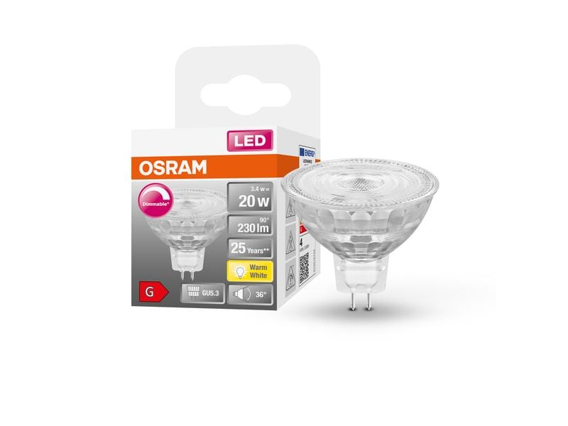 OSRAM Lampe Superstar Mr 16 20 36 °, 3.4W, GU5.3, Dim, Warm Dimmbare Niedervolt-LED-Reflektorlampen MR16 mit Retrofit-Stecksockel
