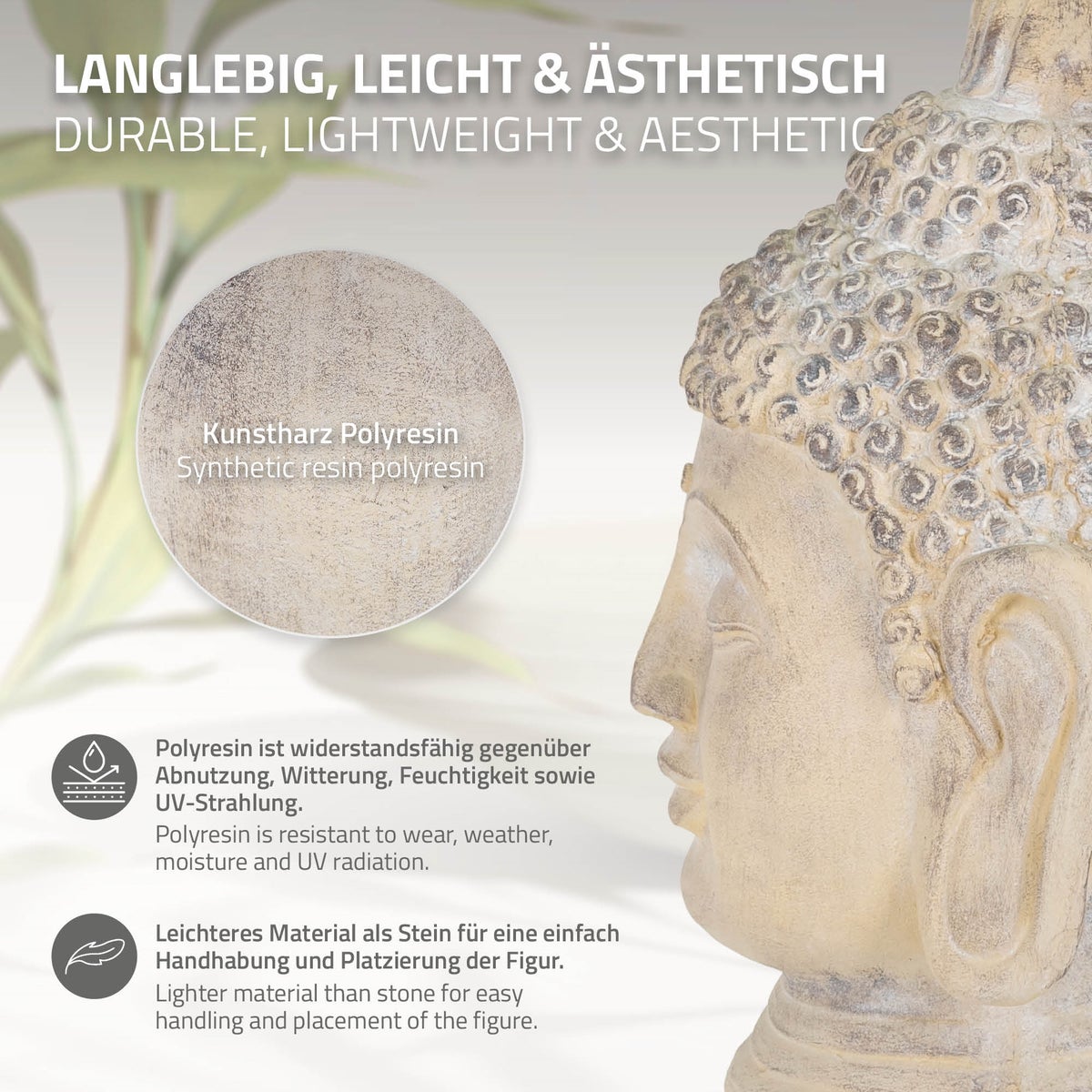 ECD Duitsland Boeddhabeeld 55 cm Beige/Grijs, Kunststeen Polyresin, Hoofdbeeld Sculptuur Decoratief Figuur Feng Shui Kunststeen Figuur Decoratief Tuinbeeld Aziatisch Decoratief Object Stenen Beeld, voor Huis en Tuin