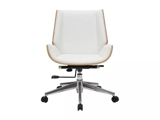 Chaise de bureau à roulettes design blanc, bois clair et acier chromé CURVED