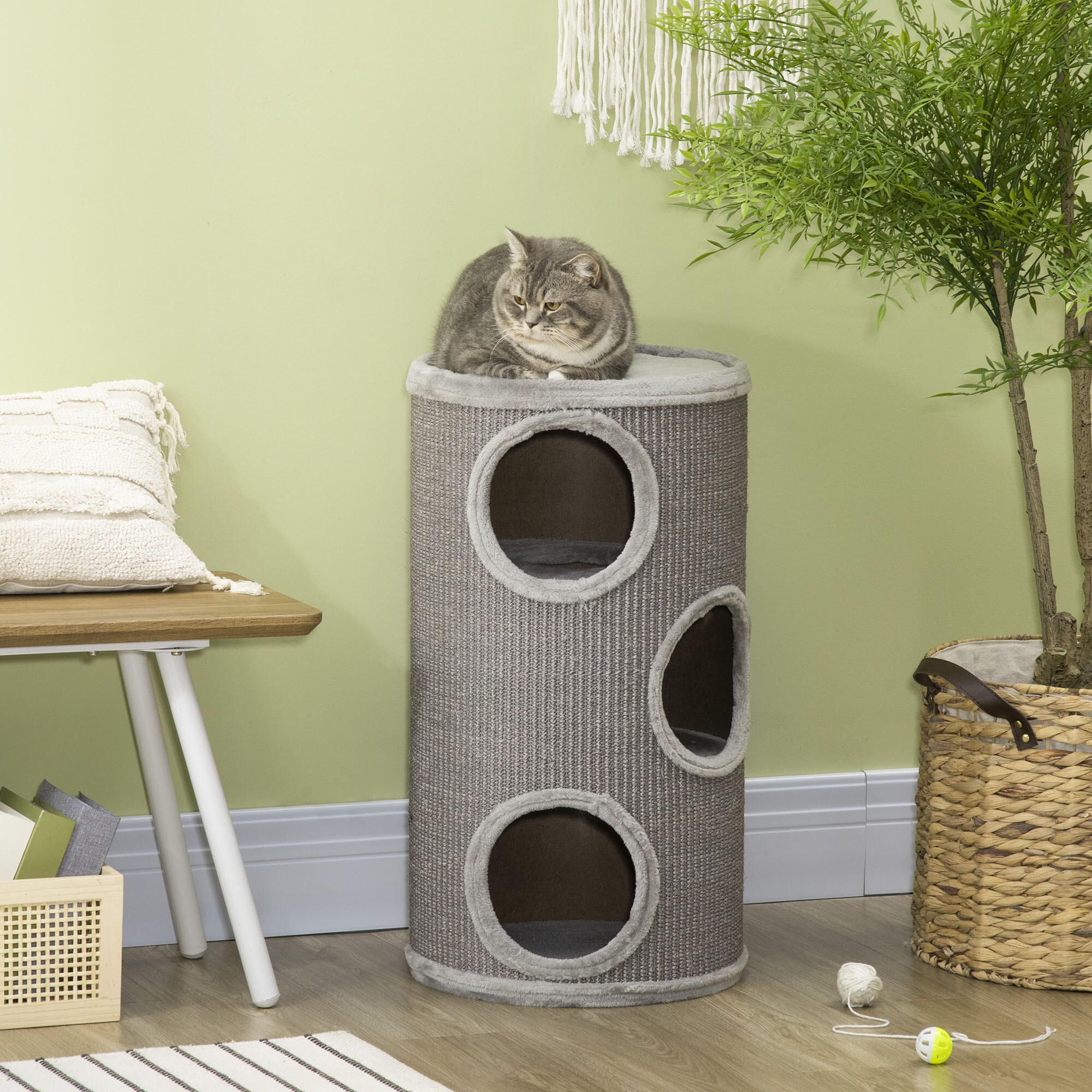 PawHut Kratztonne mit 3 Höhlen grau 38L x 38B x 70H cm