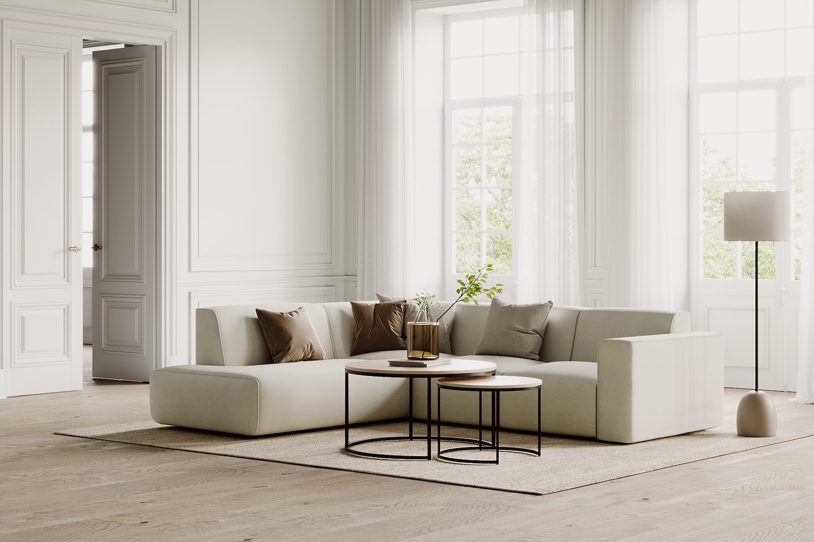 Enjoy hjørnesofa 2,5-seter åpen ende venstre i tekstil Mito 01 Antique White med sorte ben