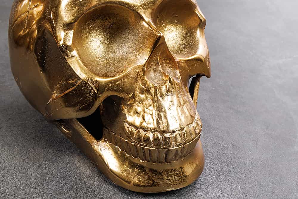 Design Couchtisch SKULL XXL 90cm gold rund Glasplatte Metall Totenkopf handmade