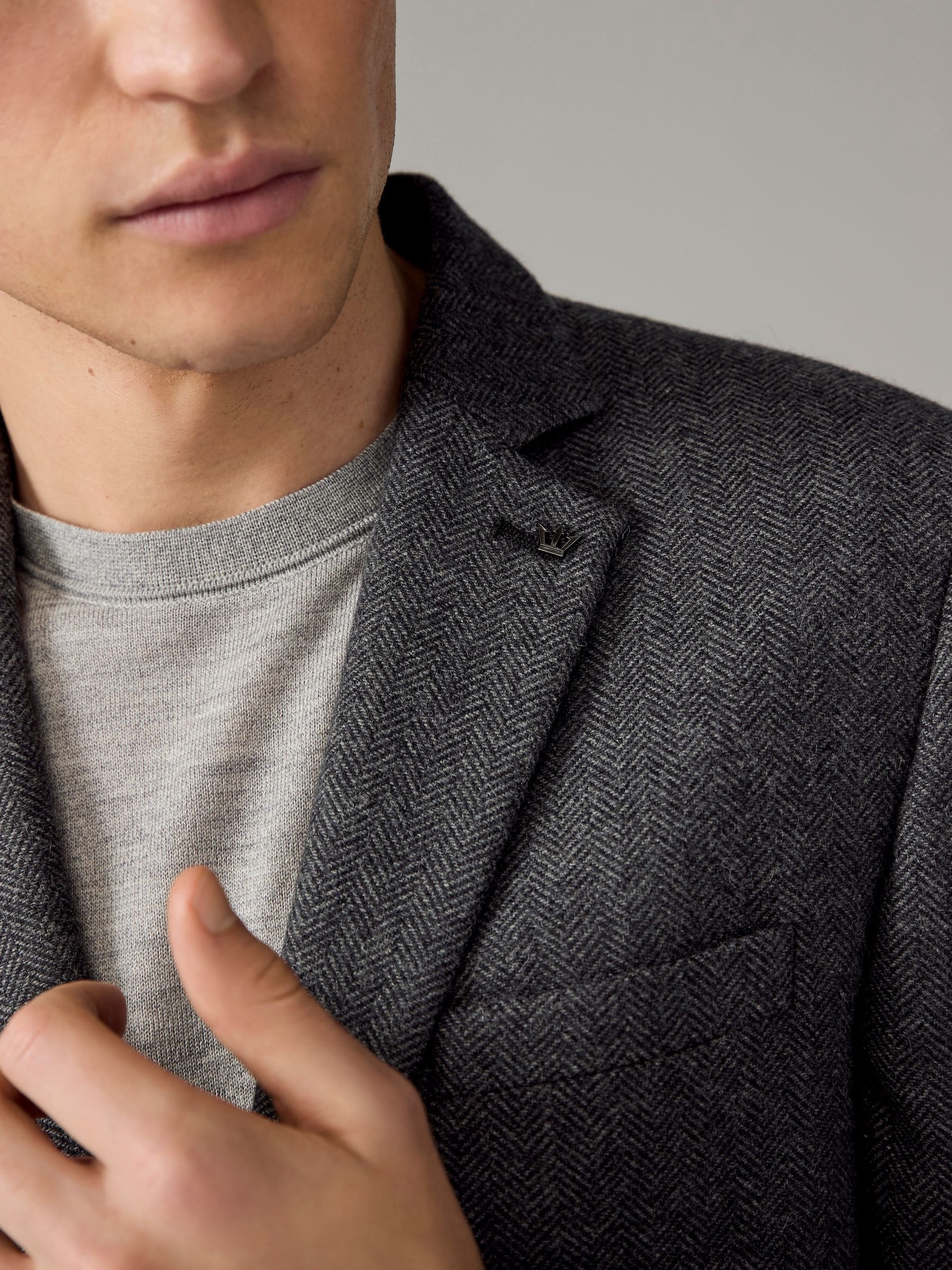 Antraciet - Slim Fit - Blazer met visgraatmotief en hoog wolgehalte