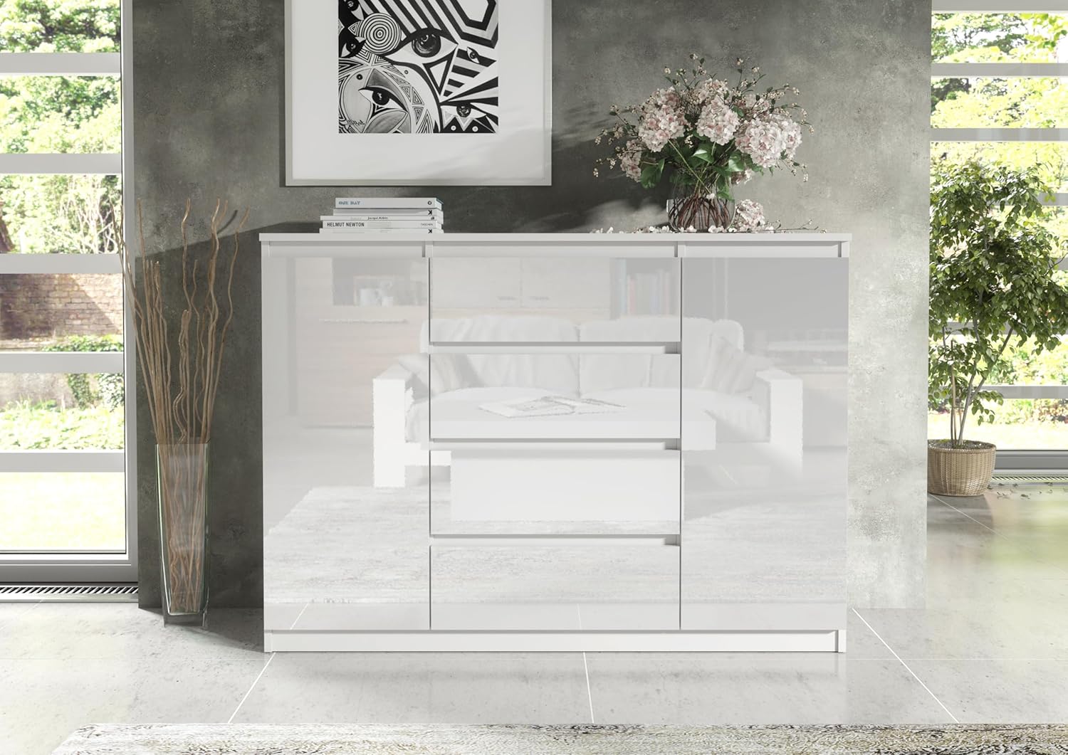 meble masztalerz Kommode mit 4 Schubladen und 2 Türen 140 cm, Sideboard Wohnzimmer, Schlafzimmer H: 101,5 cm, B: 138,6 cm, T: 39 cm Kommode mit Schubladen, Schubladenschrank (Weiss Hochglanz)