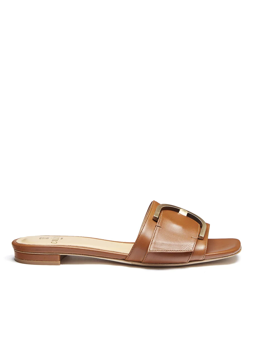 MULE PLATE BOUCLE CUIR CAMEL