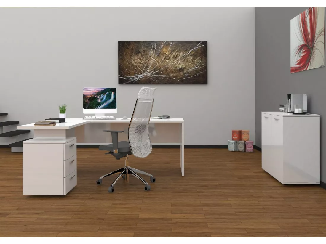 Bureau Mark, Bureau d'angle PC, Table de bureau polyvalente, Bureau gain de place multi-positions, 100% Made in Italy, 160x60h75 cm, Blanc brillant