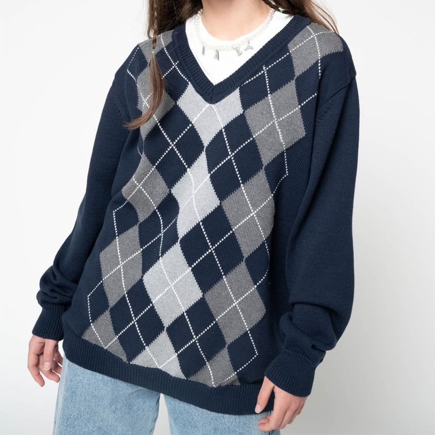 Rosesand - Trui met lange mouwen, V-hals en Argyle-print, losvallend model