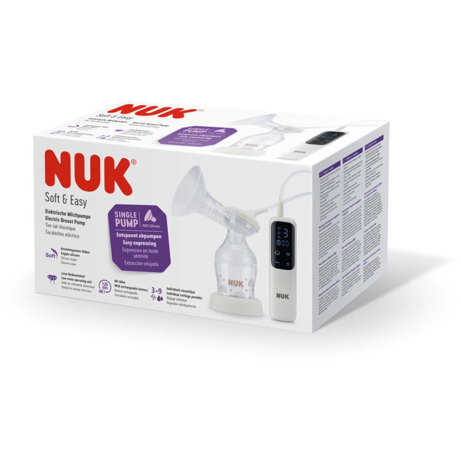 NUK elektrische Einzelmilchpumpe Soft & Easy mit Akku und weichen Bustausätzchen inkl. Babyflasche Perfect Match 150ml