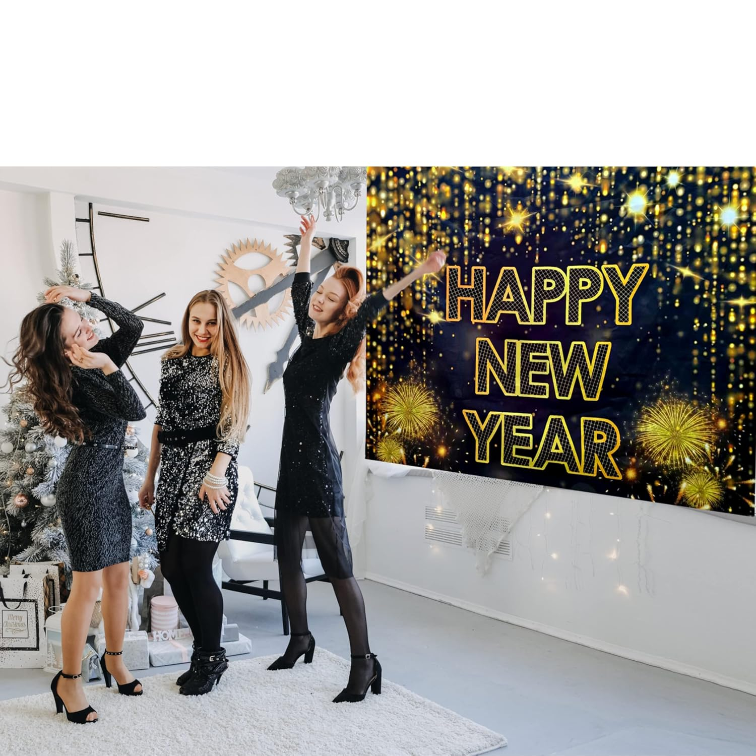 (175x114cm) Happy New Year Wand Banner Silvester Party Deko Hintergrund Foto Requisite - Gold / Schwarz