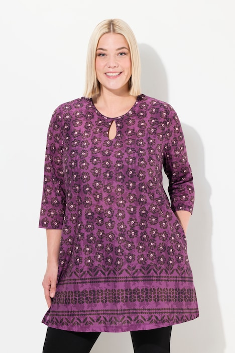 Longshirt, A-Linie, Blumendruck, Saumbordüre
