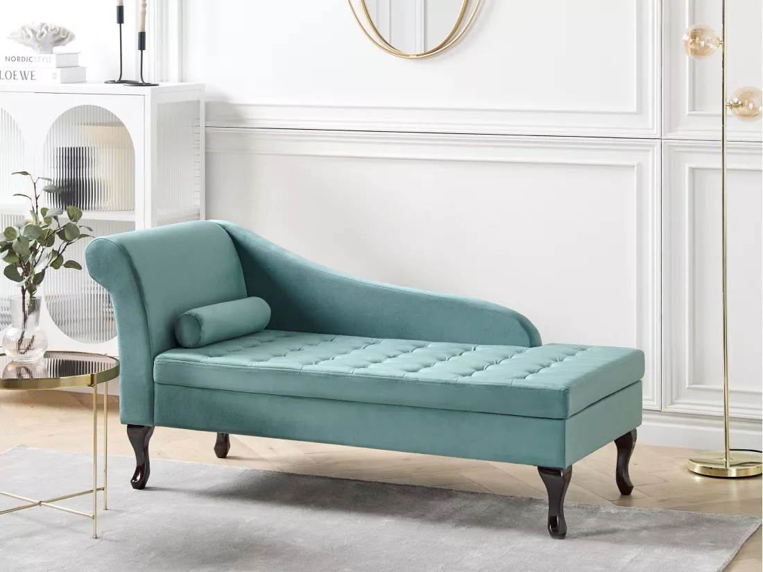 Chaise longue côté droite en velours bleu paon avec rangement PESSAC