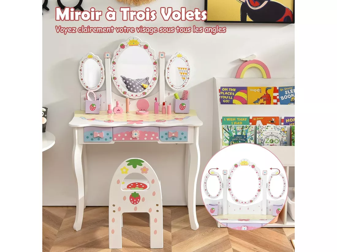 Coiffeuse pour Enfants avec Miroir Amovible - 3 Tiroirs - 2 Boîtes - Convertible Bureau - Style Princesse pour Filles, Blanc